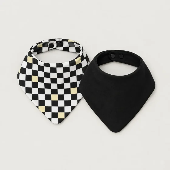Check Room Bandana Bib Pair, all pieces laid flat