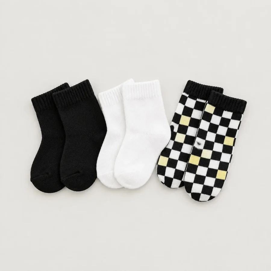Check Room Sock Trio, all pieces laid flat