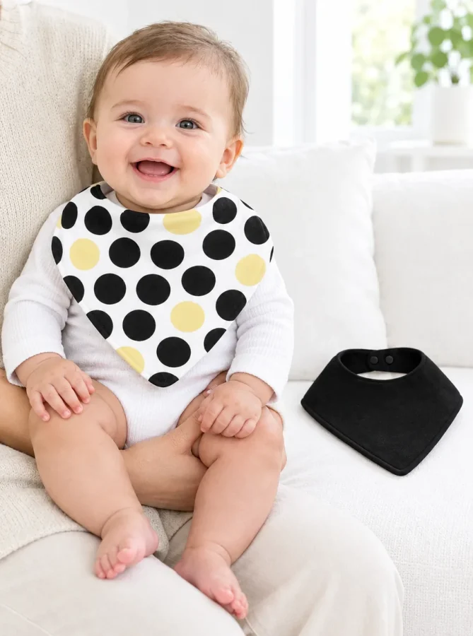 Dot Theory Bandana Bib Pair in use