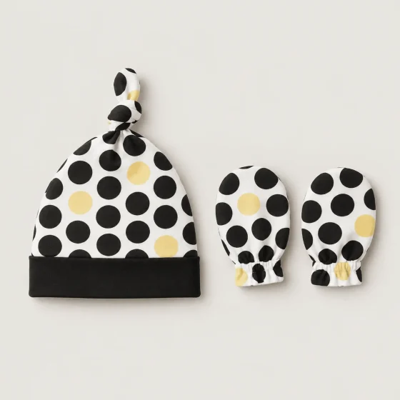 Dot Theory Hat & Mitts Set, all pieces laid flat