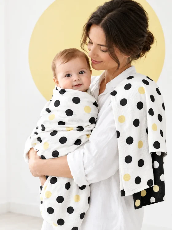 Dot Theory Mini Muslin Squares in use